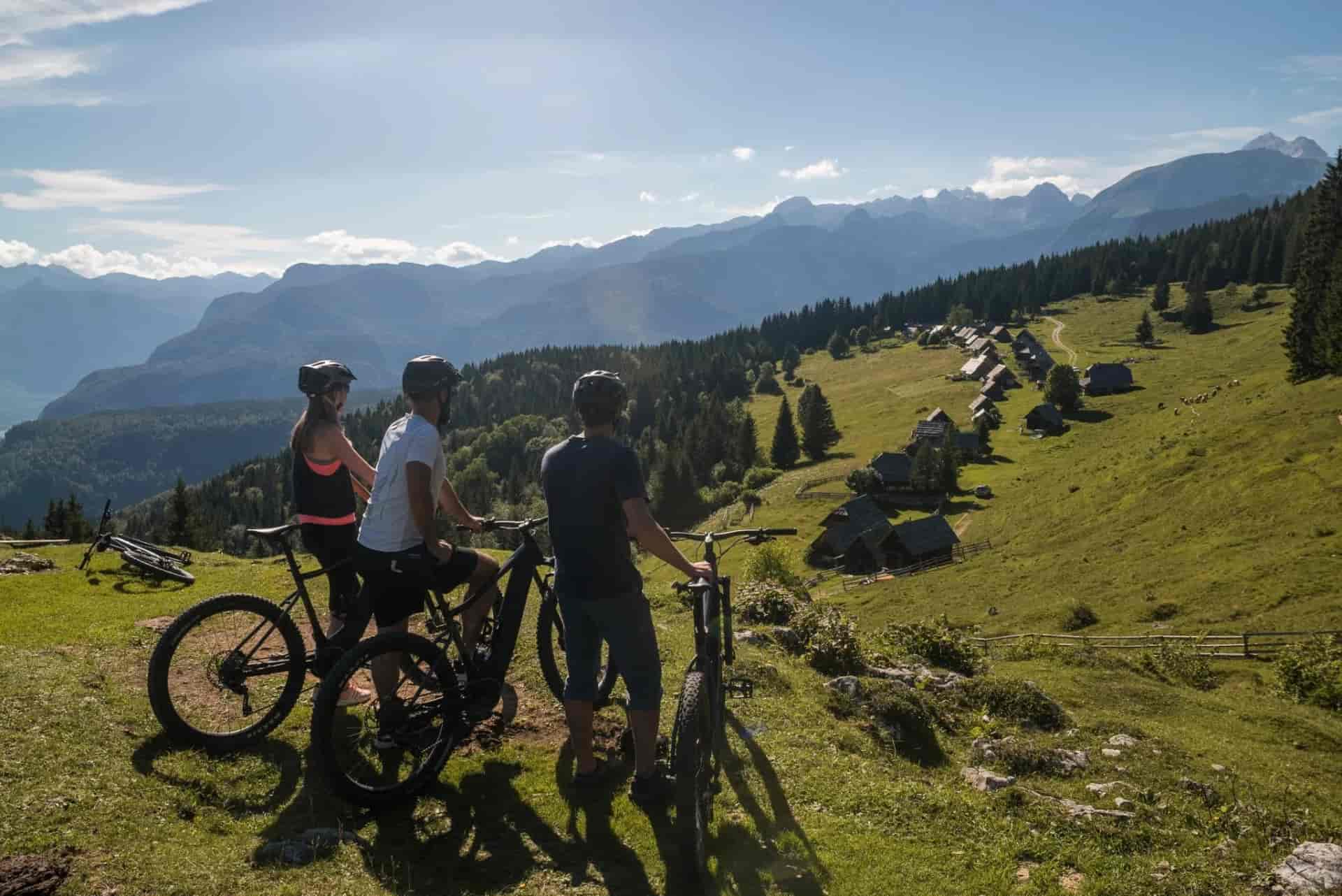 Mountain bikers resting overlooking a green alpine pasture with wooden huts and distant mountains.
