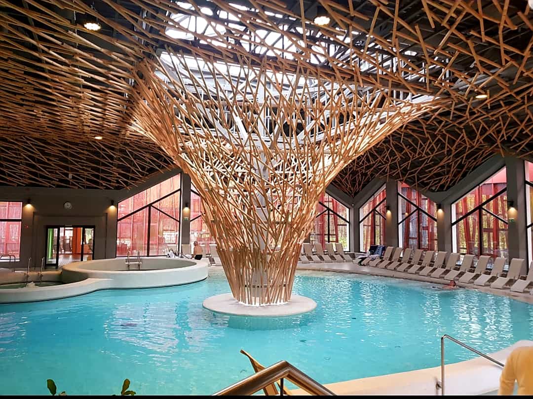 Indoor pool area with bright blue water and a large central wooden lattice sculpture.