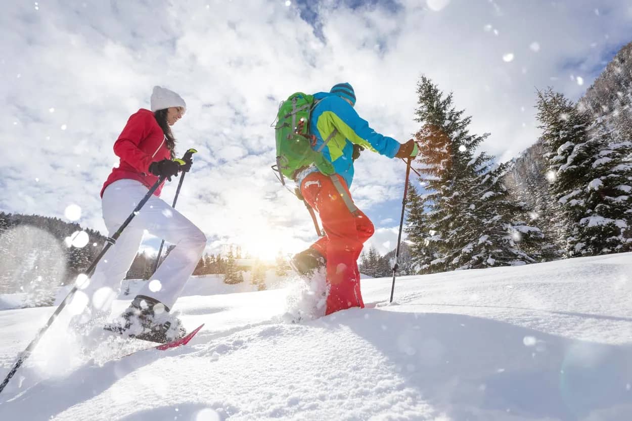 Two people snowshoeing uphill through deep snow with evergreen trees and bright sun.