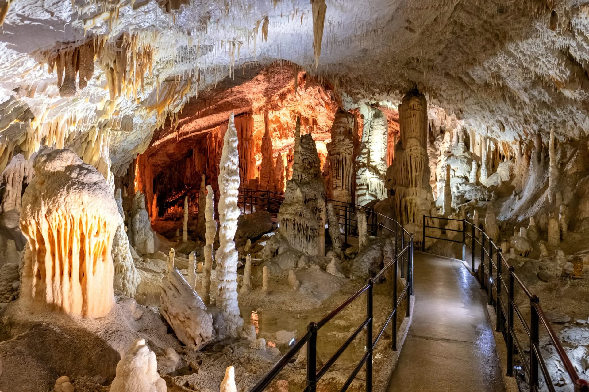 Stalactites and stalagmites illuminated inside Postojna Cave in Slovenia with a paved walkway.
