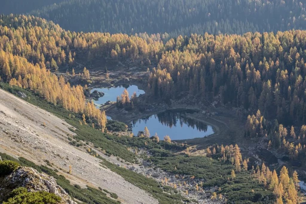 Double mountain lakes surrounded by golden autumn forest and steep rocky slope, aerial view.