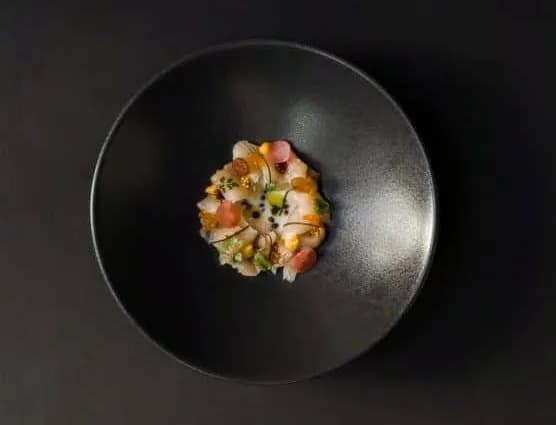 Fine dining appetizer of raw fish with garnishes centered on a large black plate
