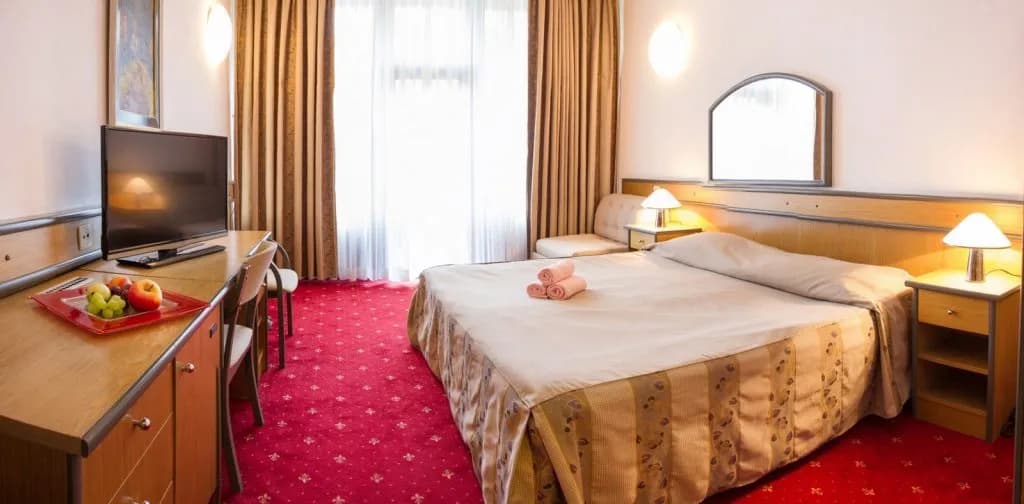Standard hotel room with double bed, desk, TV, and bright red patterned carpet