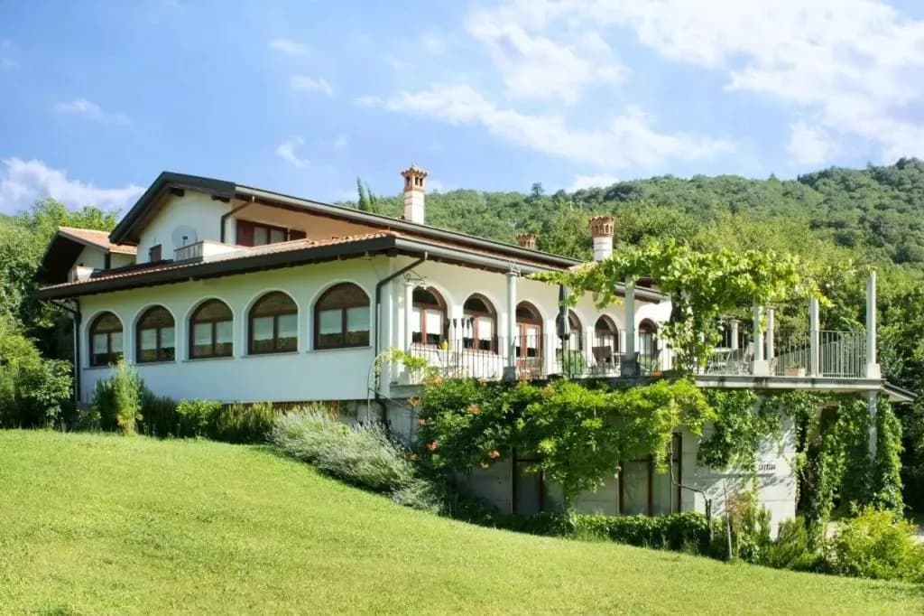 White villa with arched windows and vine-covered terrace on a grassy hill with forest backdrop.