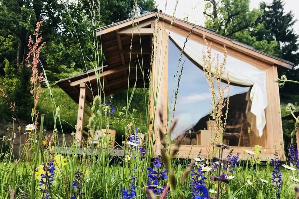 Wooden glamping cabin with large window surrounded by tall grass and wildflowers in Mountain View Dovje.