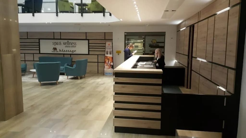 Hotel Alpina reception area with wood paneling, check-in desk, and spa sign.