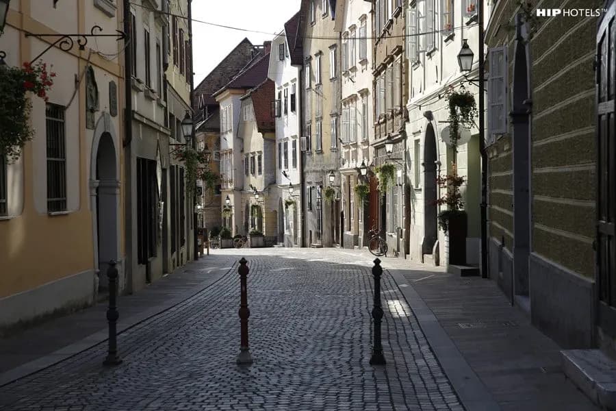 Cobblestone street lined with historic buildings in a narrow European old town alley