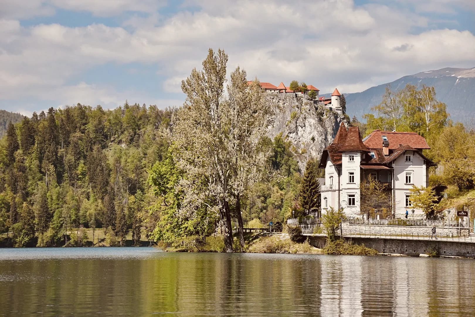 Lake Bled with historic buildings, castle on cliff, and forested mountains in spring.