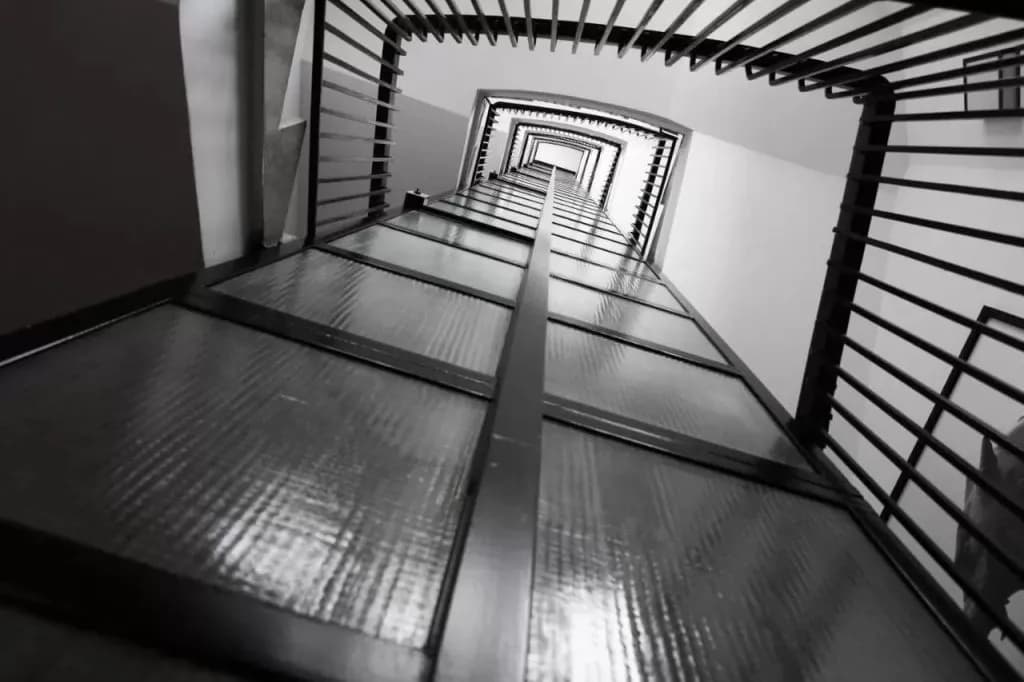 Black and white view looking up a modern square stairwell with metal railings and textured glass panels.