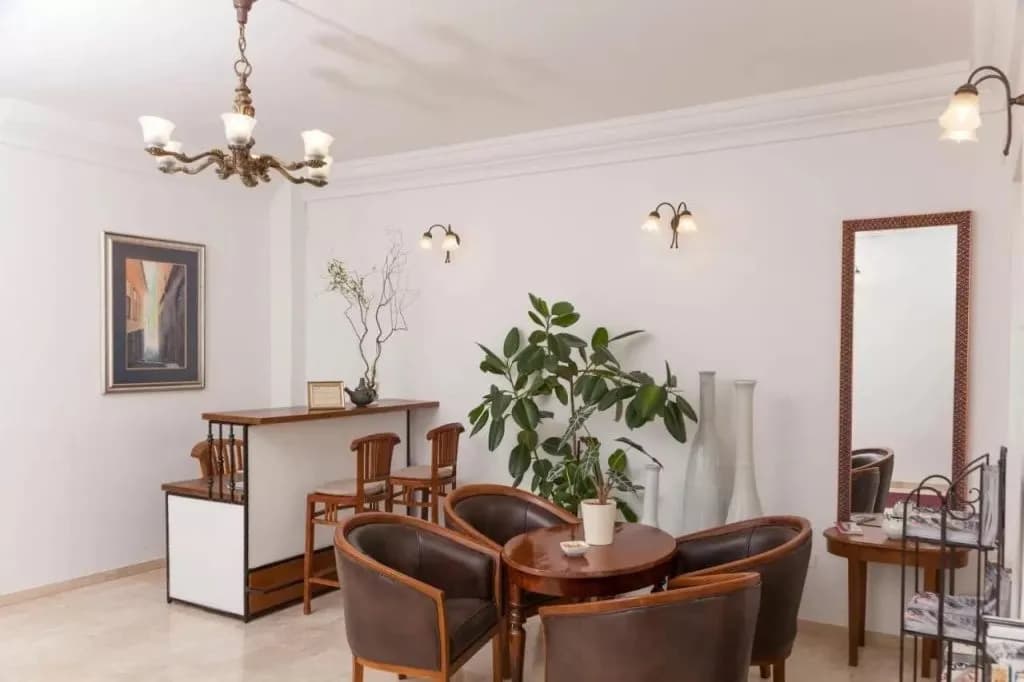 Hotel reception area with brown leather chairs, a small bar, and potted plants.