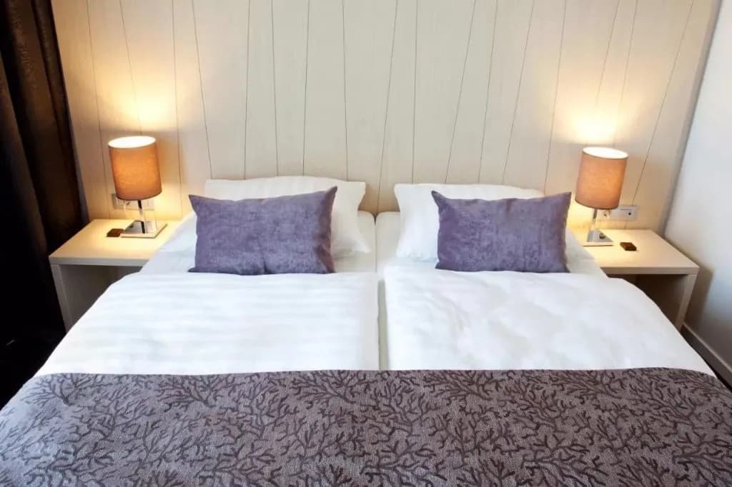 Twin hotel beds with white linens, purple pillows, and bedside lamps in Hotel Astoria room.