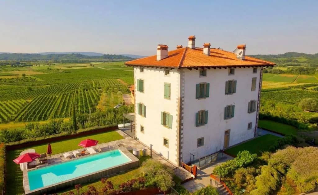 White villa with orange roof next to a pool, surrounded by green vineyards under a clear sky.