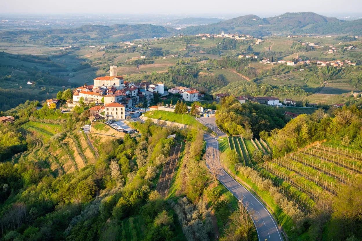 Hilltop village in Goriška Brda with vineyards and winding road in green rolling hills.