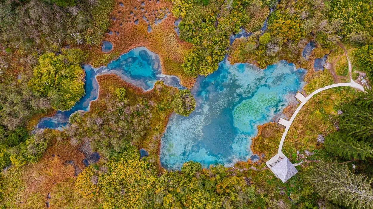 Aerial view of Zelenci Lake springs with turquoise water, marshland, and viewing platform.