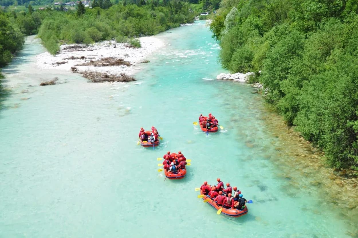 Rafting groups navigate bright turquoise river water surrounded by lush green forest in Slovenia.