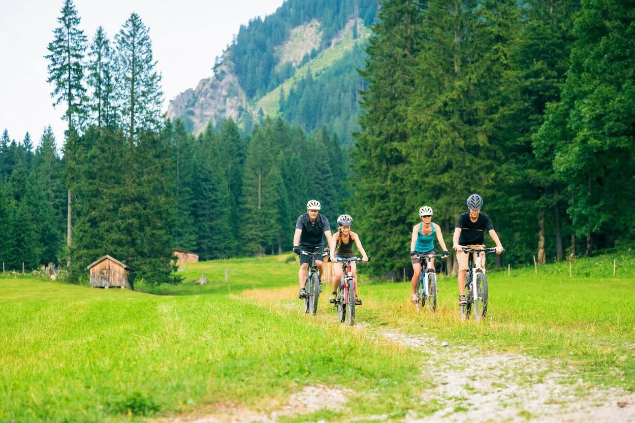 Two couples cycling on a dirt path through a green meadow near a dense forest and mountains.