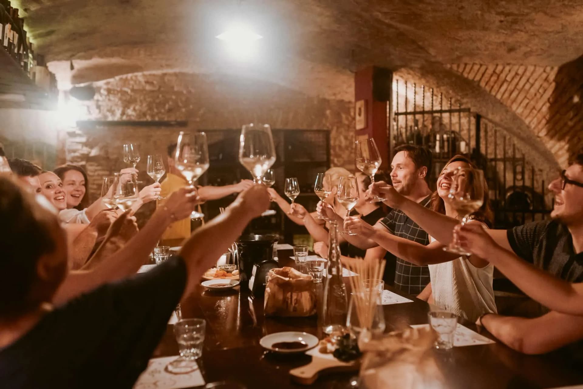 Group toasting with white wine glasses in a dimly lit, vaulted wine cellar in Ljubljana.