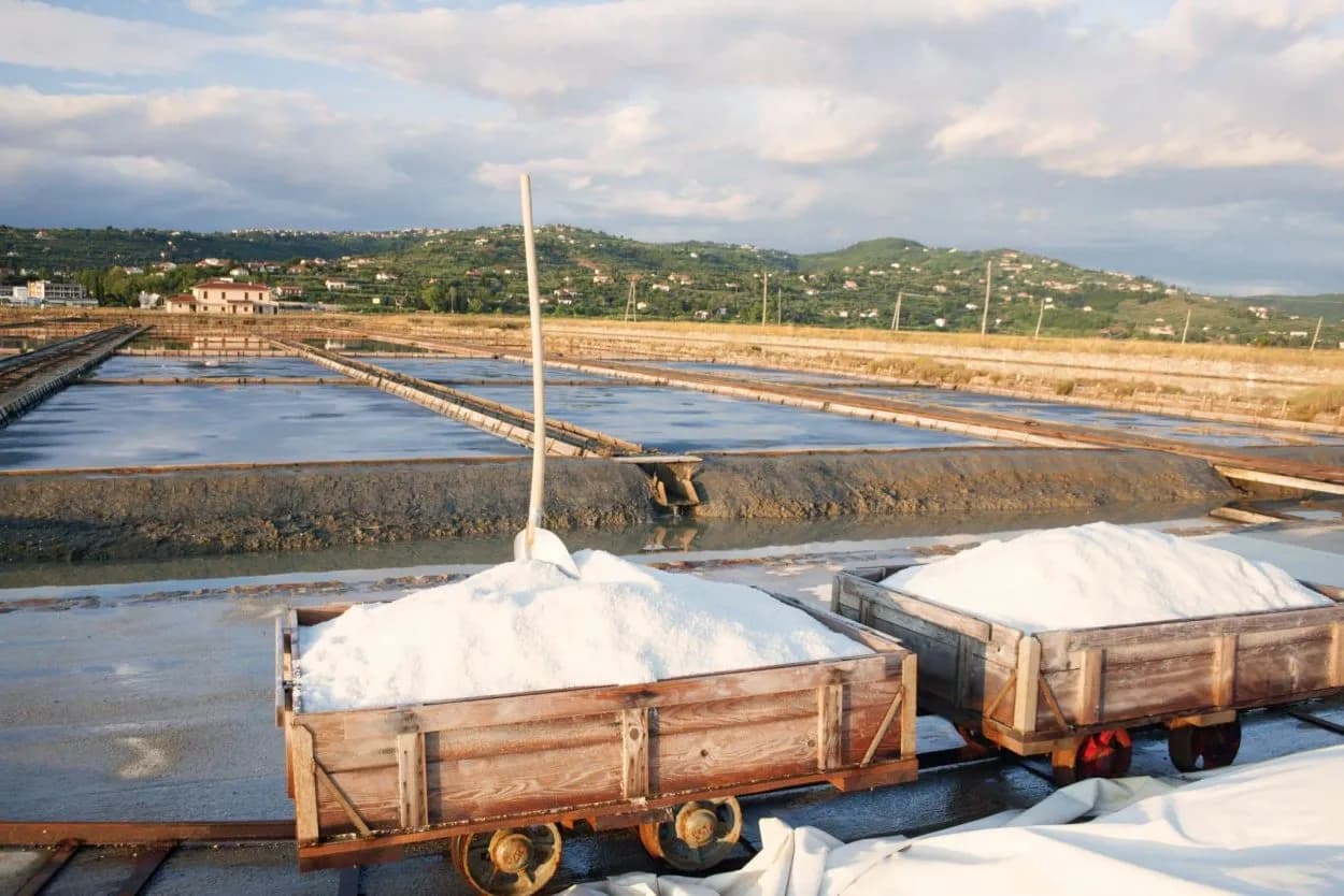 Salt pans in Sečovlje, Slovenia, with wooden carts piled high with harvested salt.