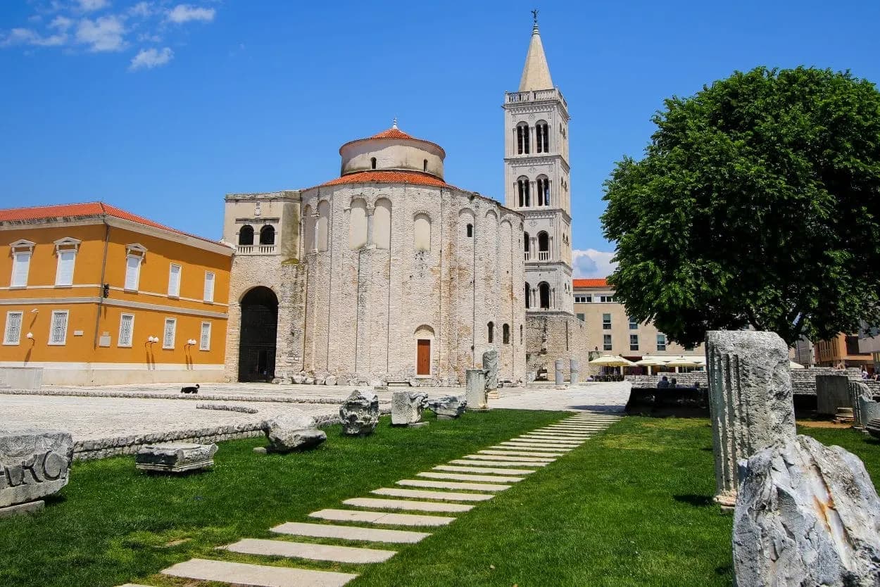 Church of St. Donatus and bell tower in Zadar heritage square with Roman ruins