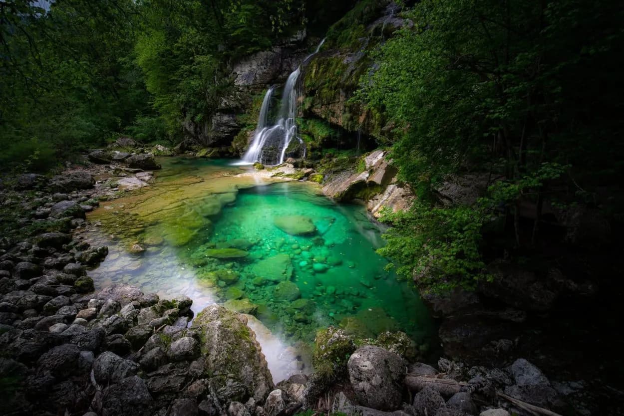 Waterfall cascading into a vibrant emerald pool surrounded by dark forest and mossy rocks.