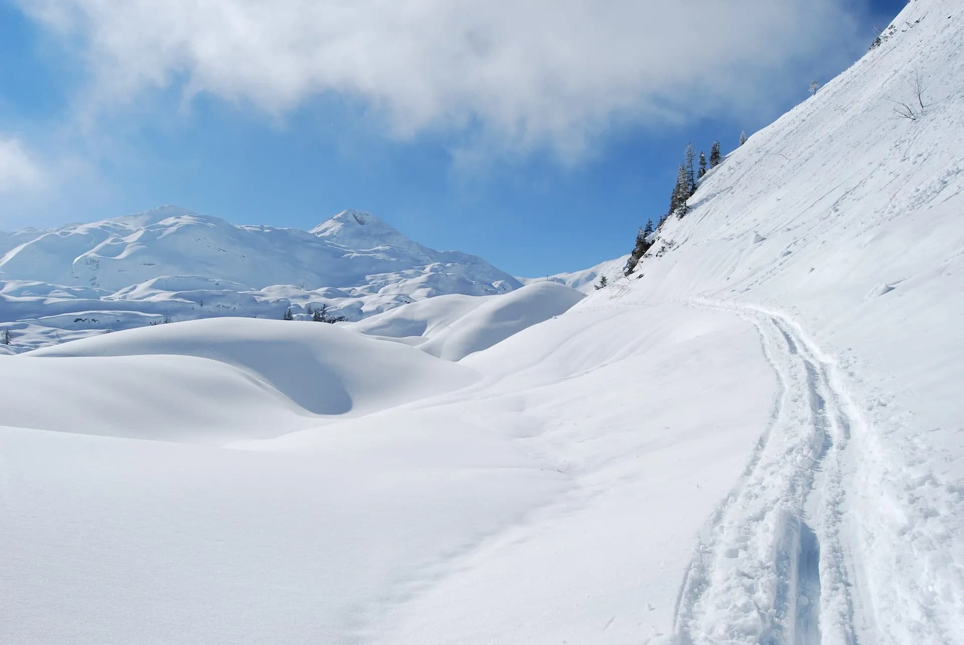 Ski touring tracks winding through deep snow in the Komna mountains under a blue sky.