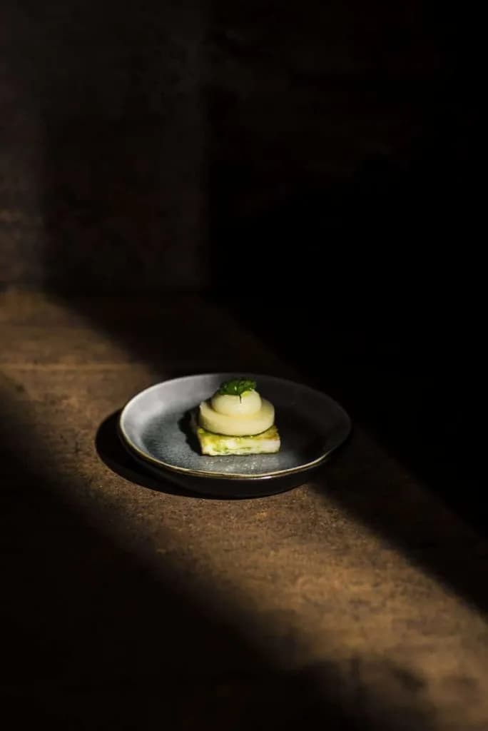 Small gourmet appetizer with white topping and green garnish on dark plate with dramatic lighting