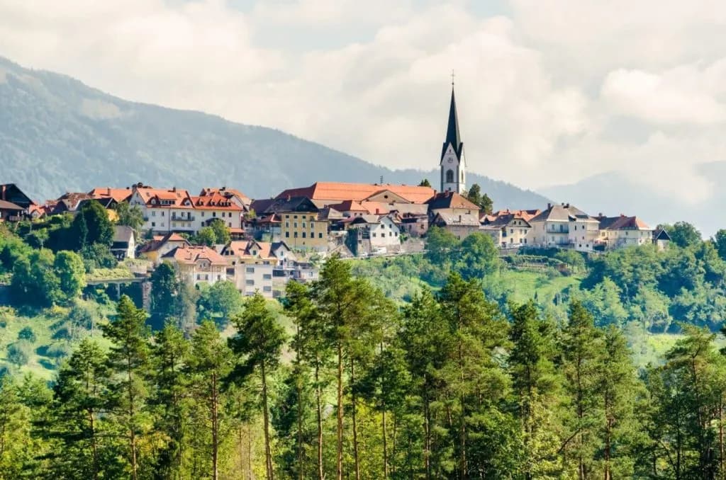 Village with church steeple perched on a green hill above pine forest, Radovljica.