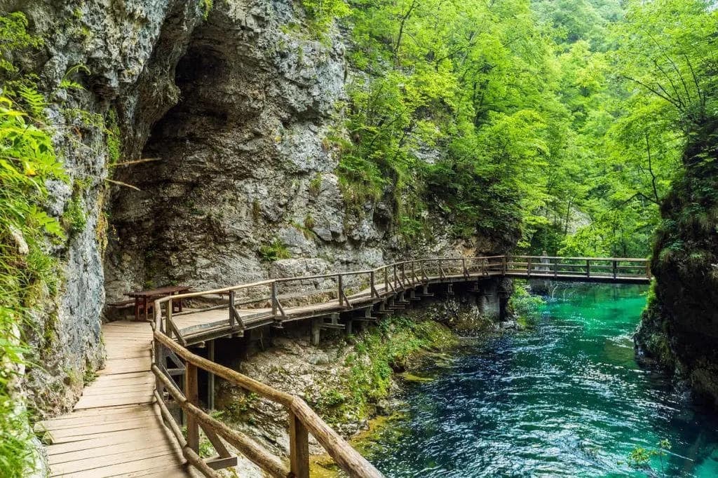 Wooden walkway along a gorge with turquoise water and lush green forest, Vintgar Gorge.