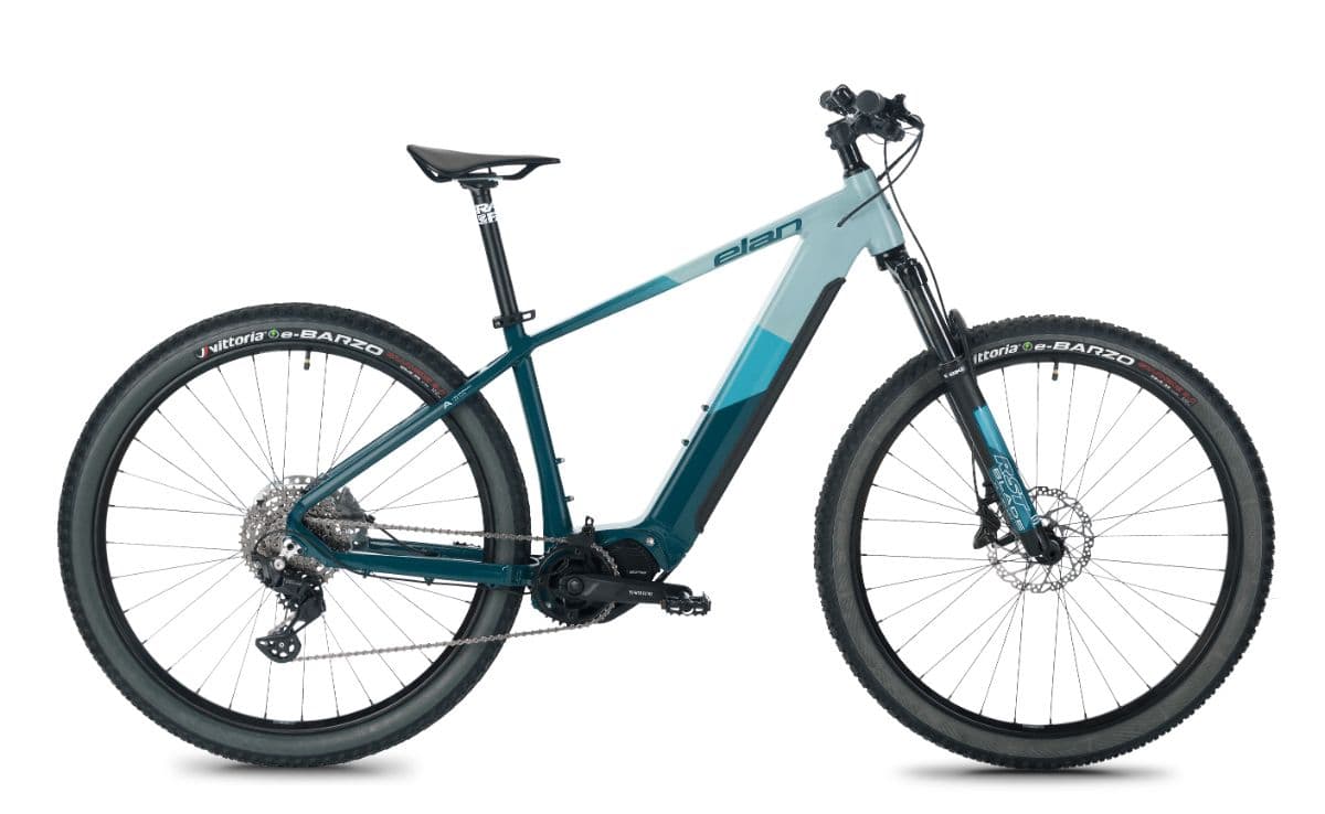 Elan Mantis electric mountain bike with a teal and dark blue frame isolated on a white background.