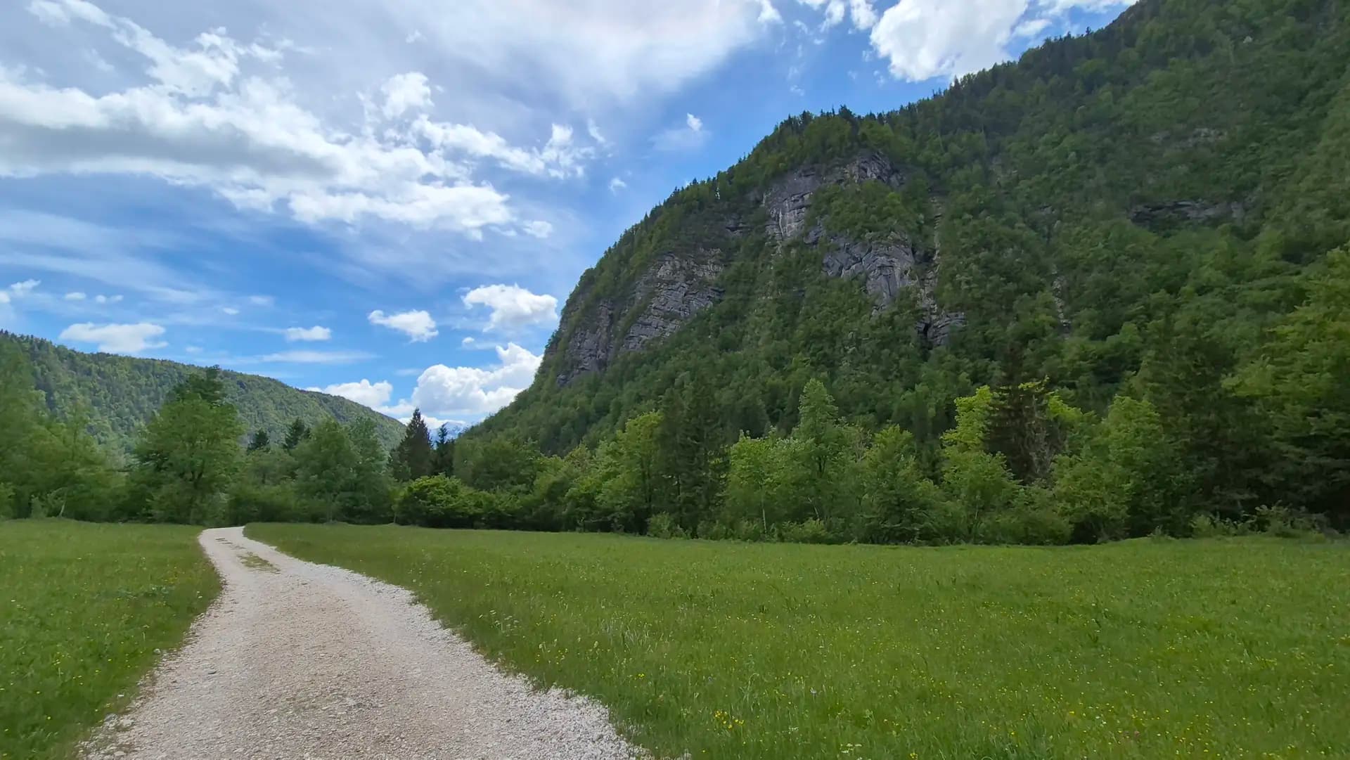 Dirt path through a green meadow leading toward Mount Triglav in the Julian Alps.