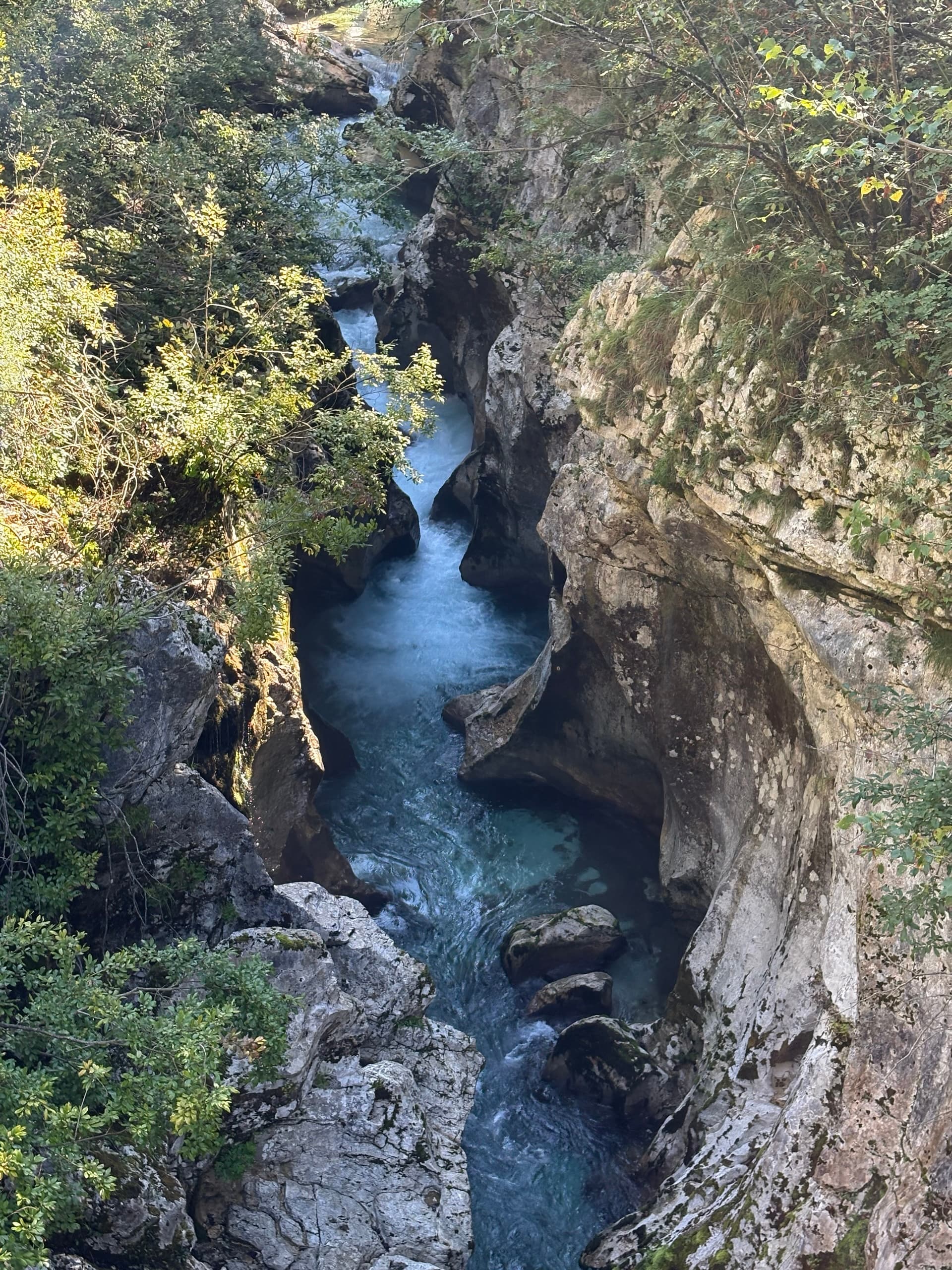 Narrow limestone gorge with clear turquoise stream flowing through rocky canyon