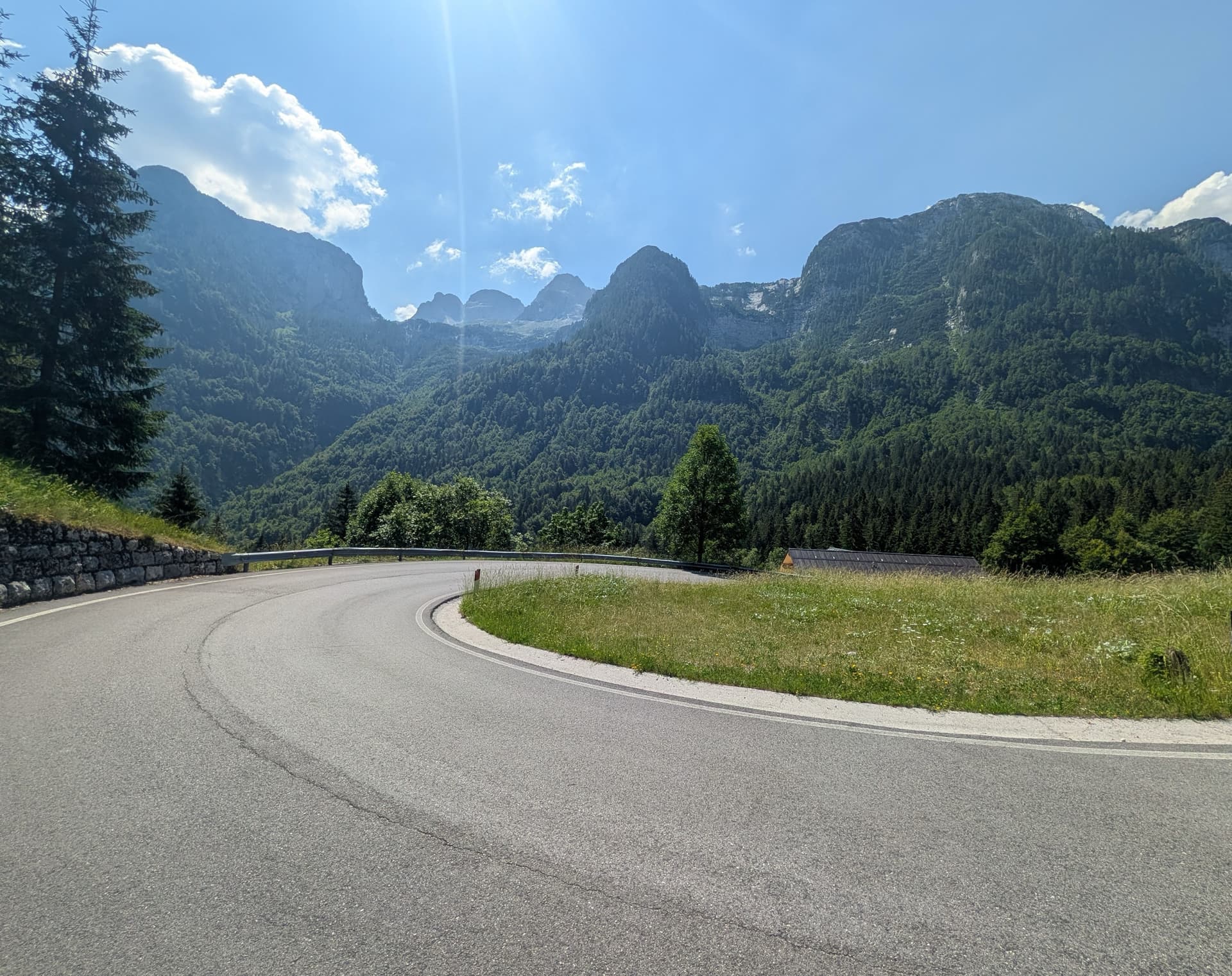 Winding asphalt road curve through mountainous landscape with pine forests