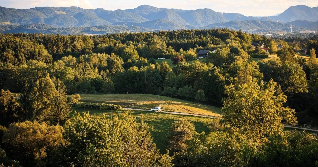 White van driving on dirt road through sunlit green hills with forested slopes and mountains.