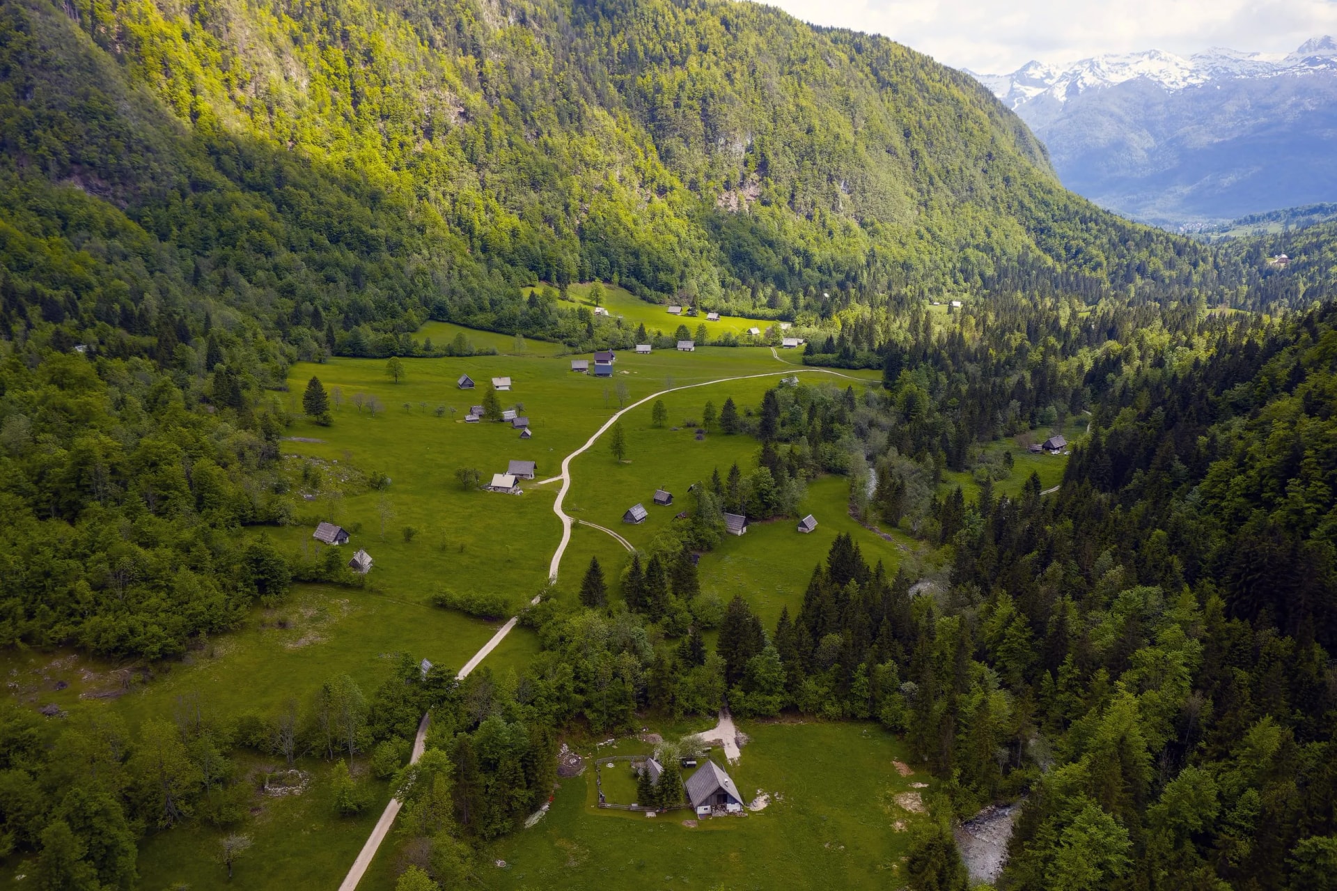 Alpine valley in Voje with scattered wooden huts, green meadows, and snow-capped mountains near Lake Bohinj.