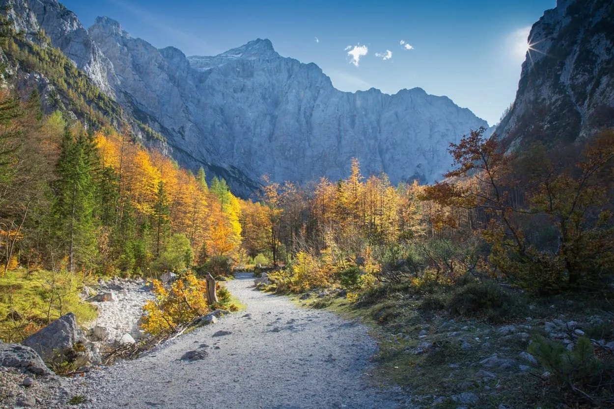 Hiking trail in scenic alpine valley with autumn foliage and towering gray mountains.