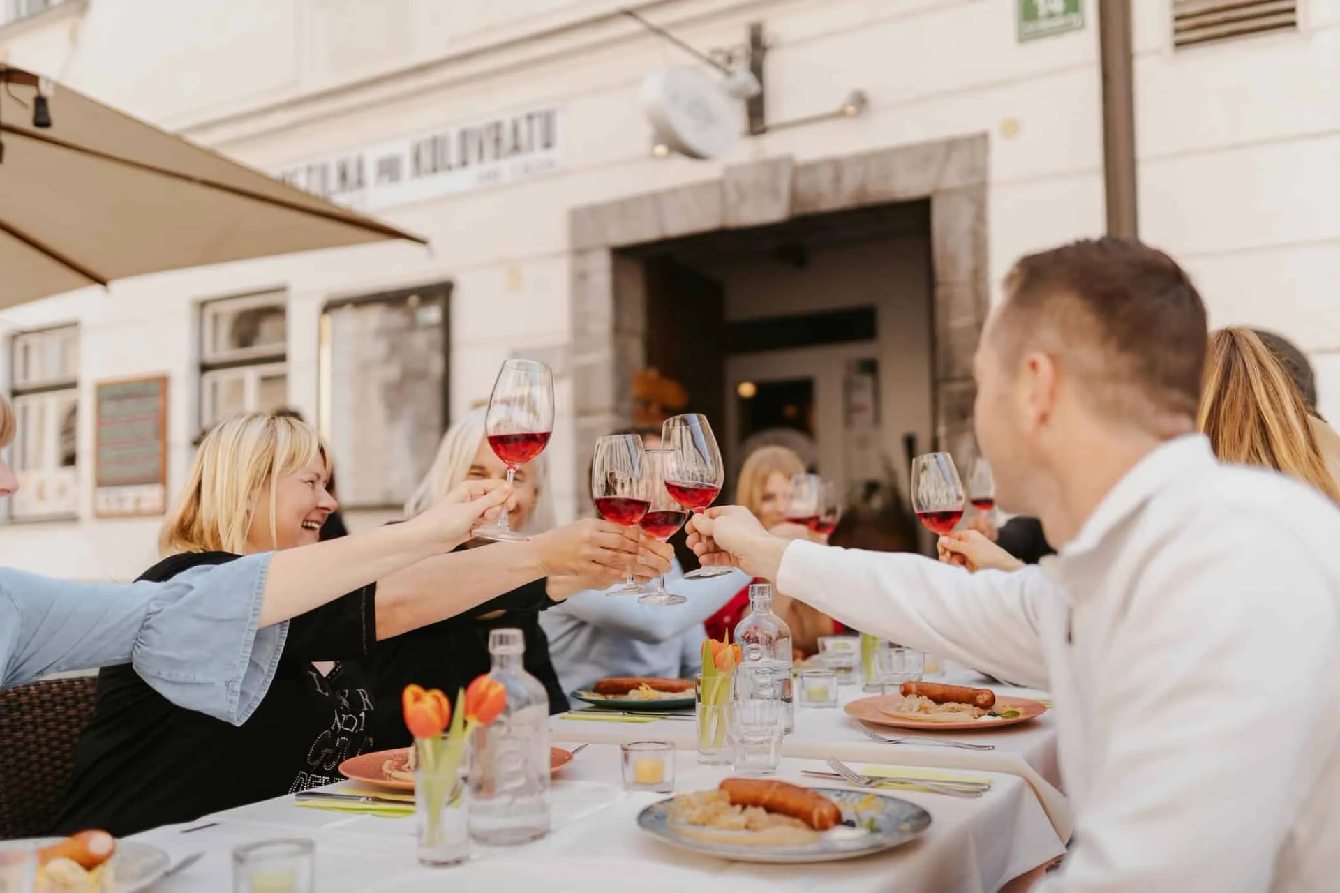 Group toasting with red wine glasses at an outdoor cafe table in Ljubljana.