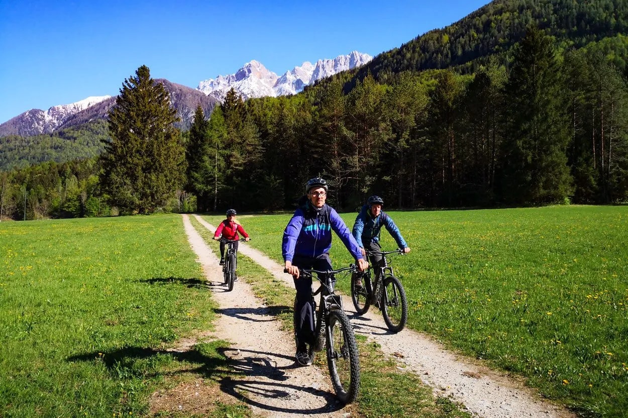 Mountain biking on dirt path through green meadow with snow-capped mountains in background