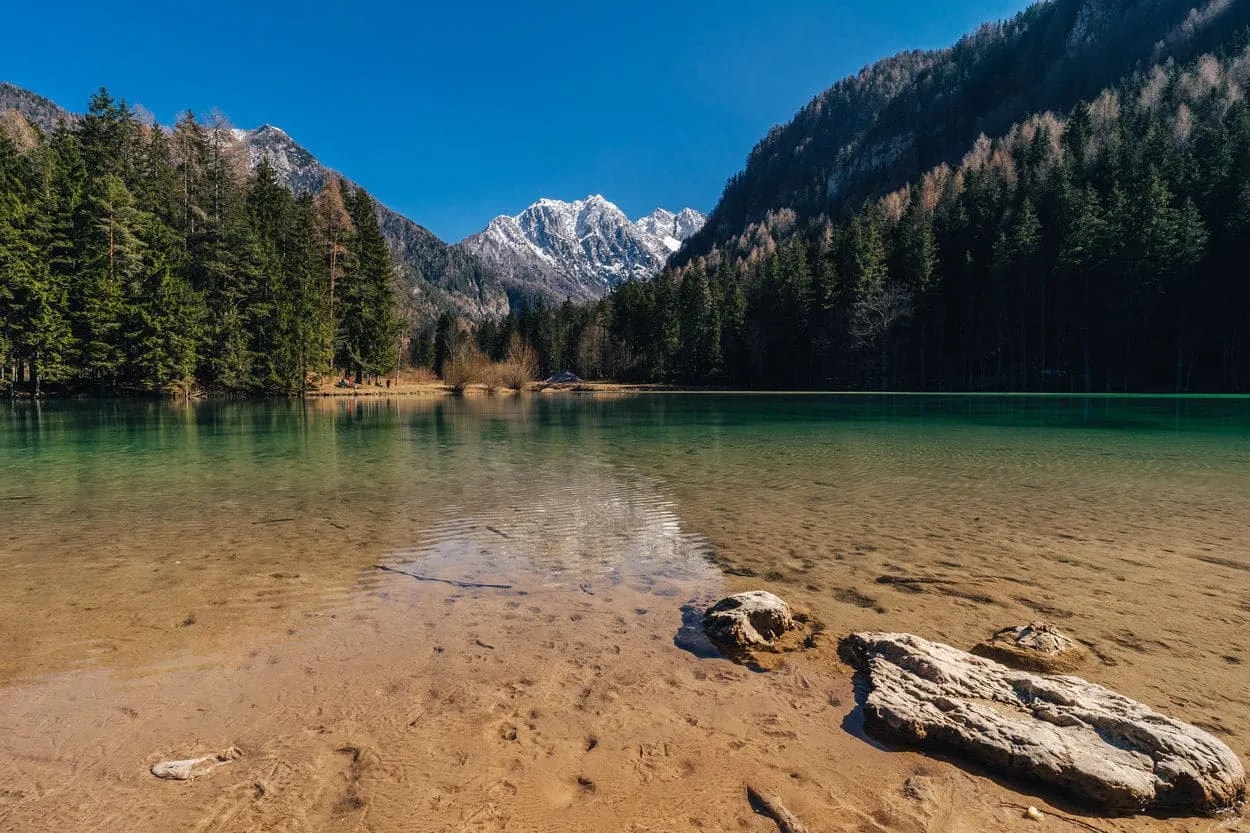 Logar Valley lake with clear shallow water, pine forests, and snow-capped mountains under blue sky.
