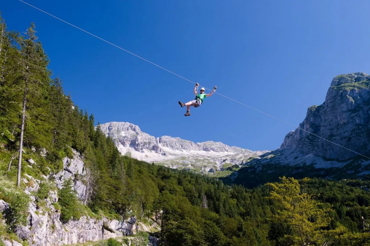 Person ziplining across a valley with pine forests and rocky mountains under a clear blue sky.