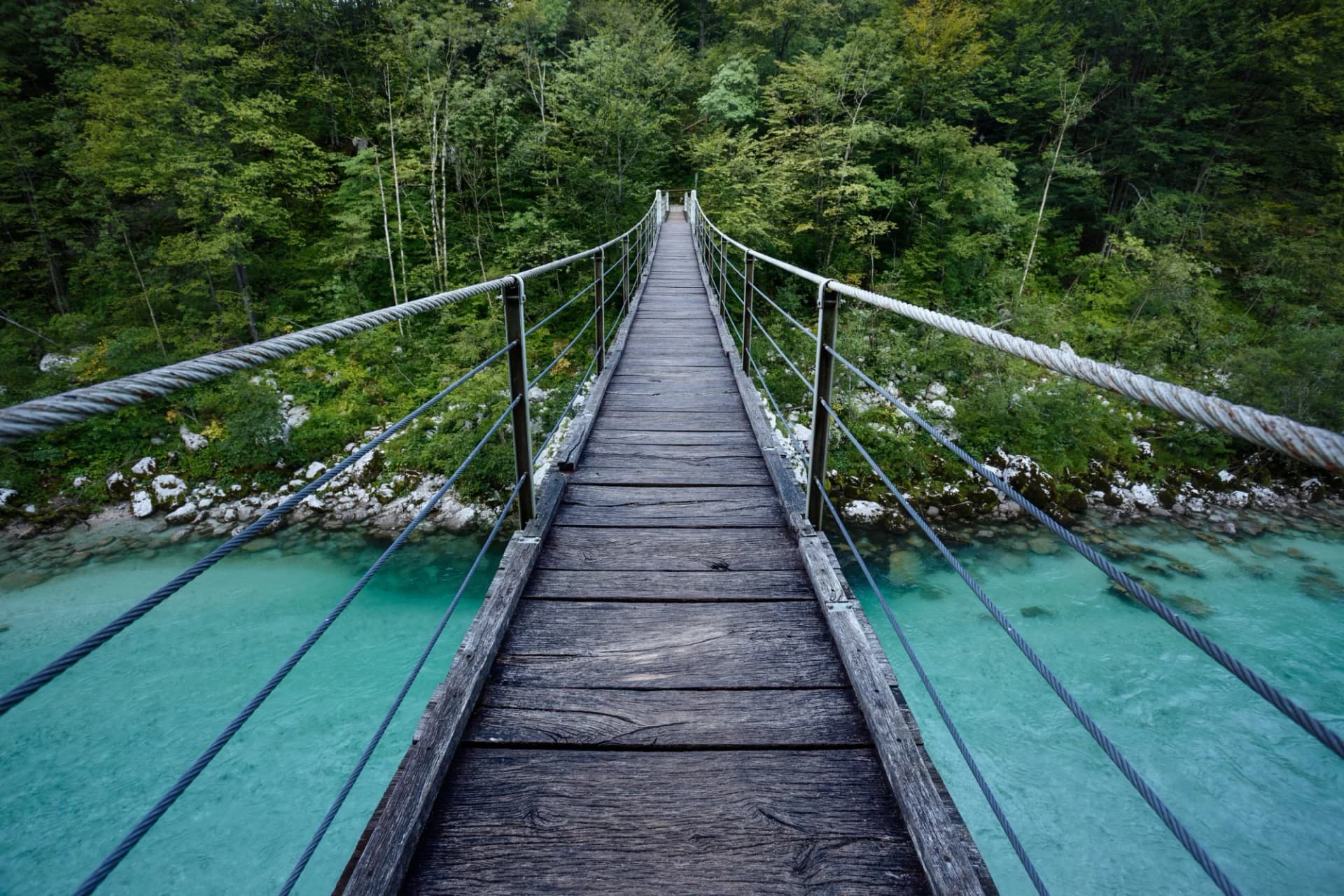 Suspension bridge over turquoise river in Triglav National Park with dense green forest.