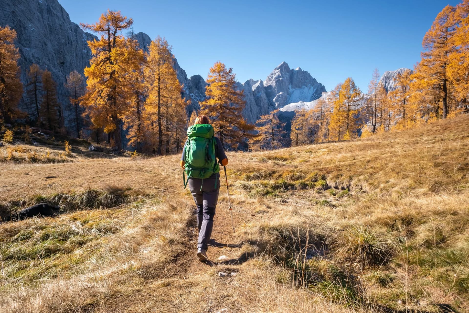 Hiker with green backpack walking on trail toward Julian Alps peaks in autumn.
