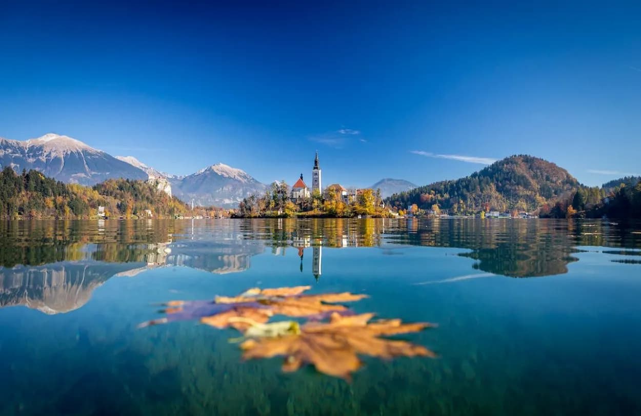Lake Bled island church with autumn foliage, mountains, and floating leaf in foreground