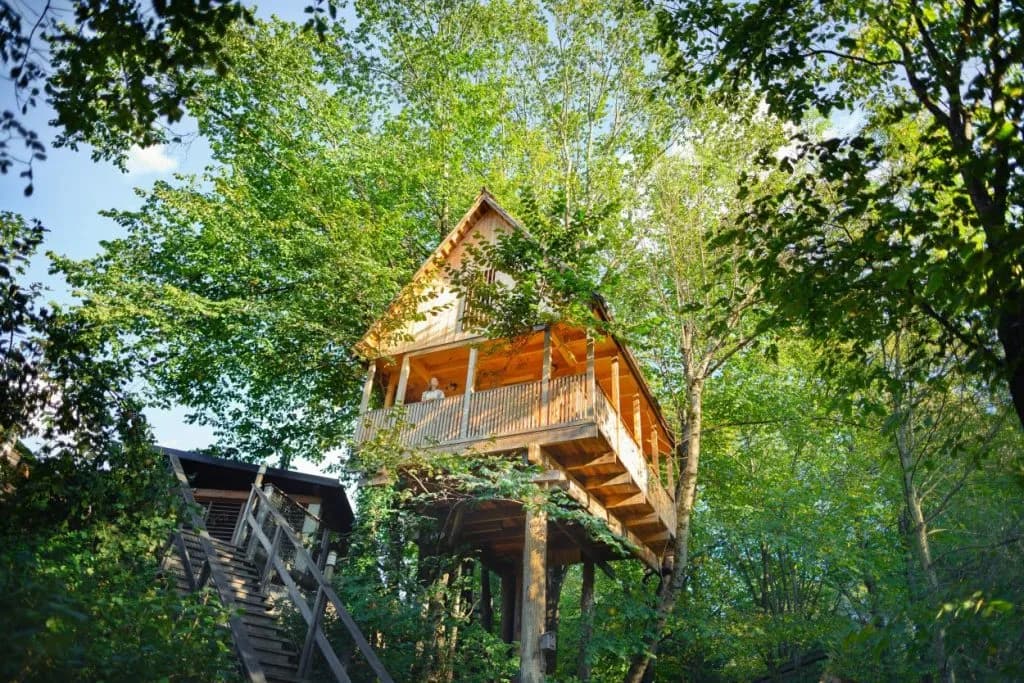 Wooden tree house with balcony nestled high in lush green forest near Garden Village Bled.