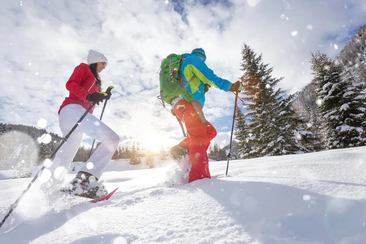 Two people snowshoeing uphill through deep snow with evergreen trees and bright sun.