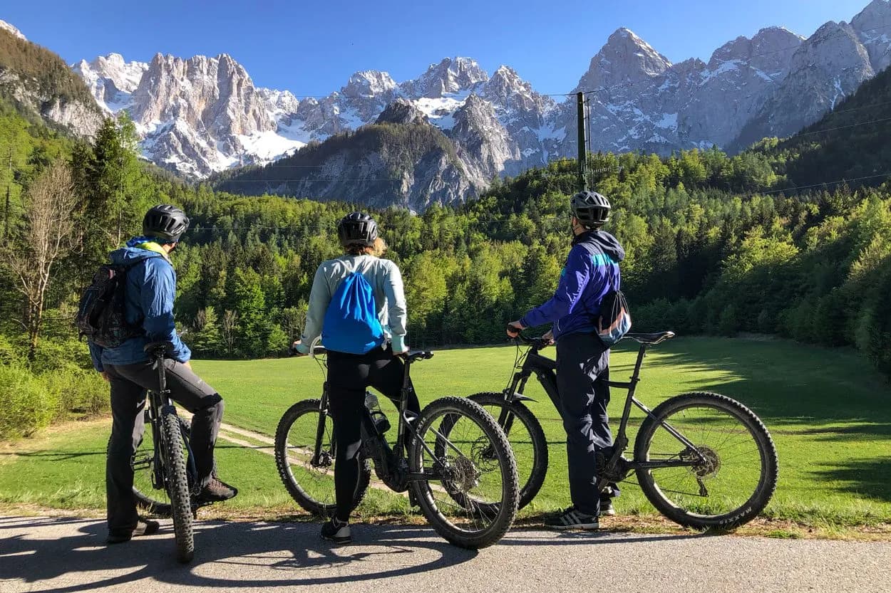 Mountain bikers pausing on paved path with snow-capped mountains and green forest backdrop