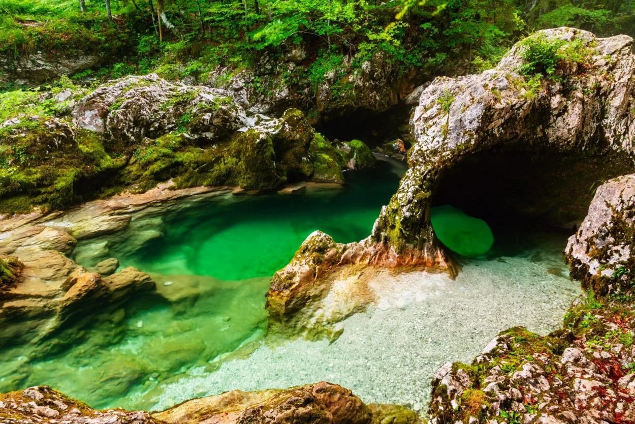 Emerald green pool in a rocky gorge surrounded by lush green forest.