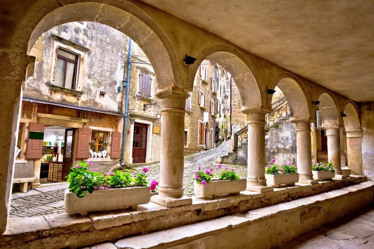 Stone arcades overlooking a cobblestone street with flower boxes in Grožnjan.