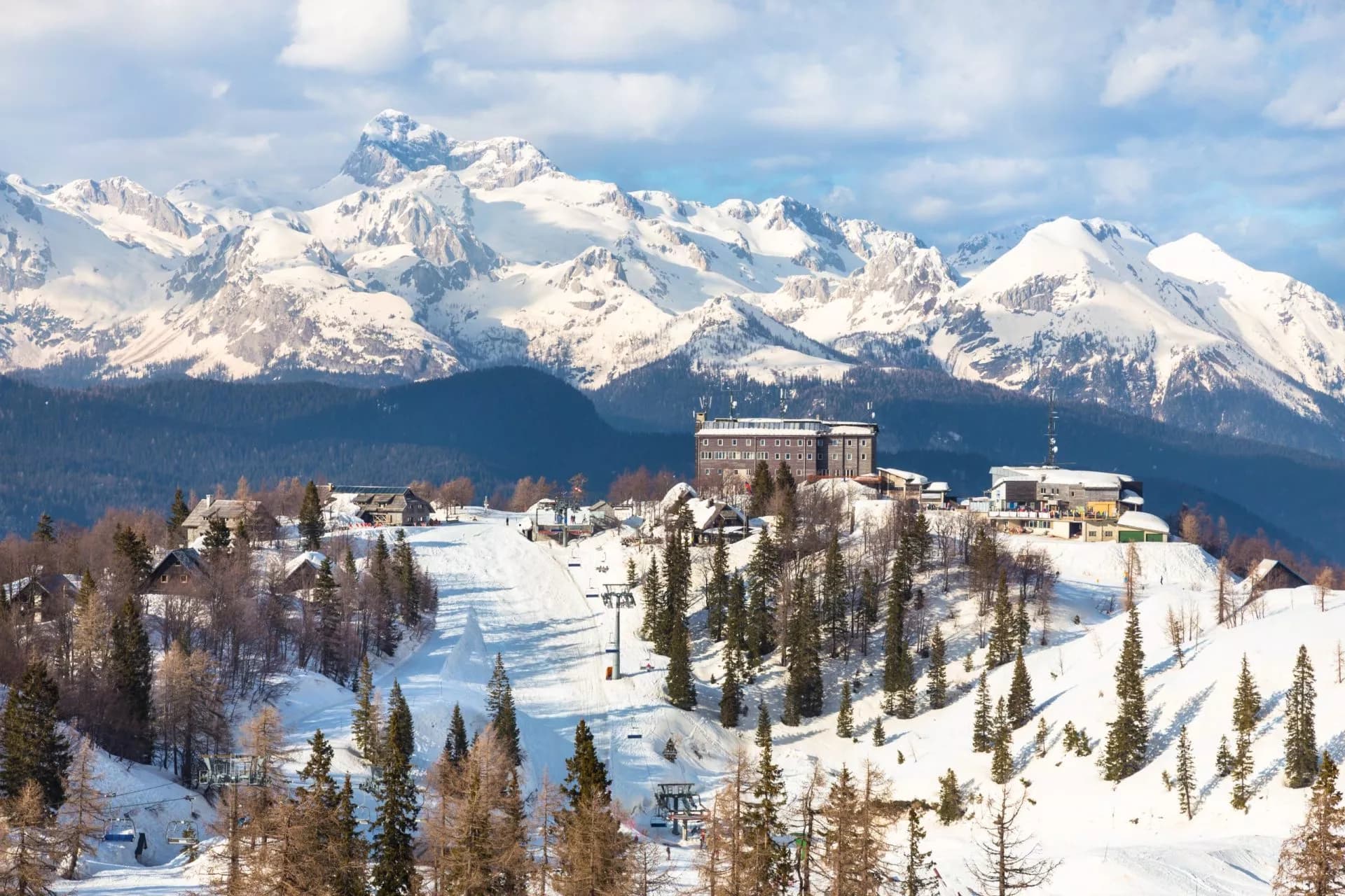 Ski resort with buildings and chairlifts below snow-covered Mount Vogel and Triglav in winter.