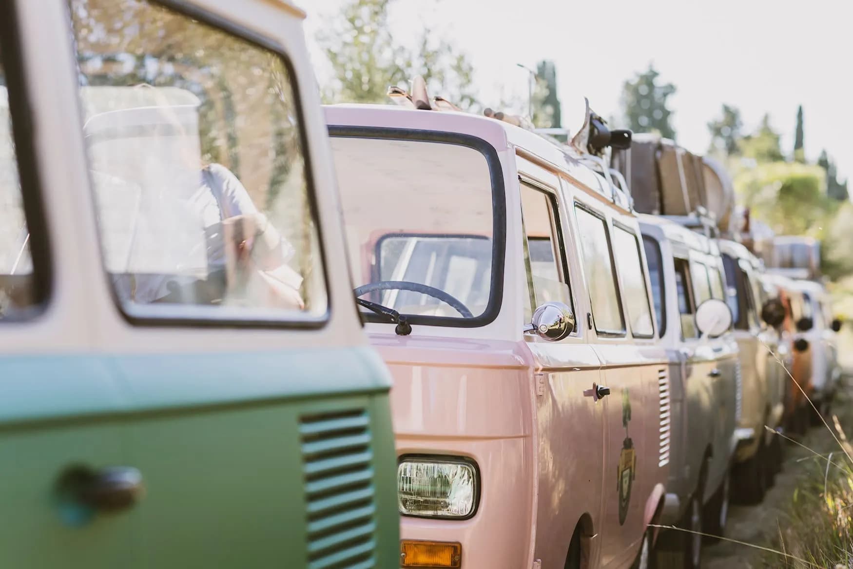 Line of vintage vans, some with luggage on the roof, parked outdoors in sunny weather