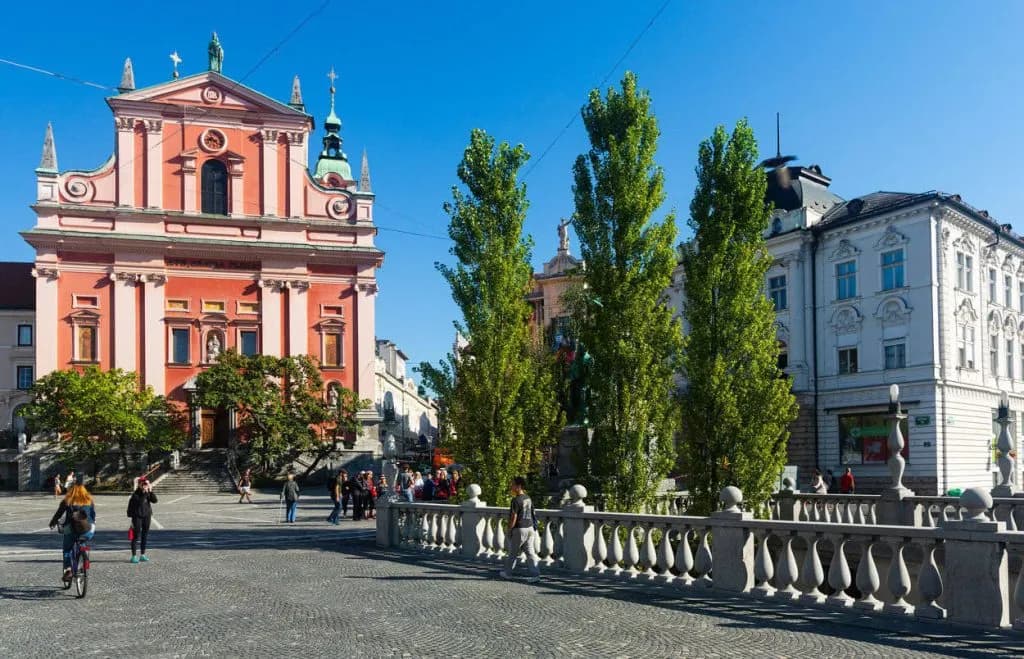 Pink Franciscan Church of the Annunciation in Prešeren Square, Ljubljana.